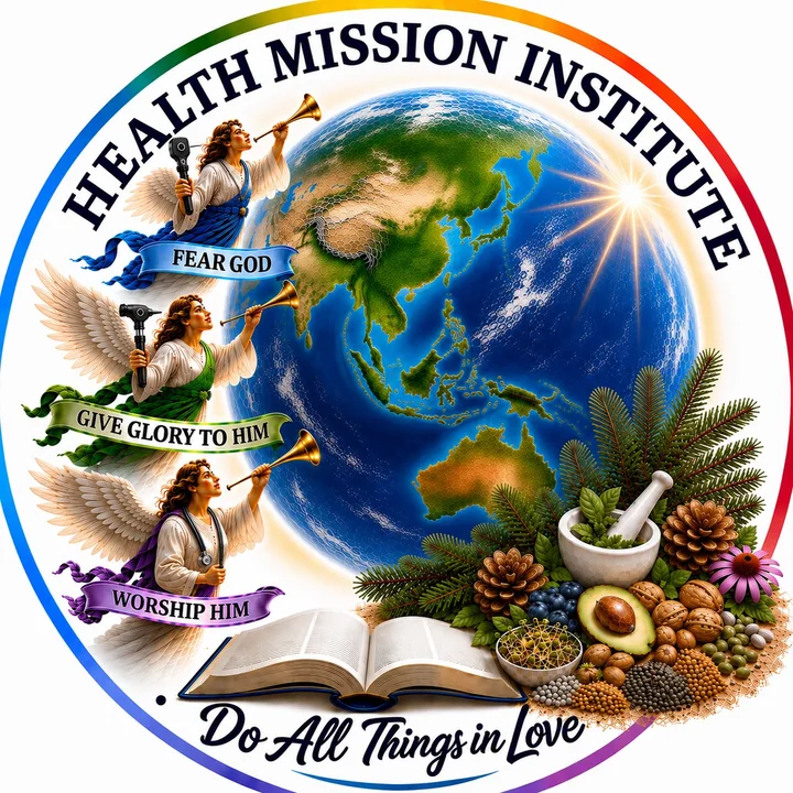 Health Mission Institute emblem: three angels with trumpets and medical instruments above the globe, an open Bible and healing plants, with the motto Do All Things in Love