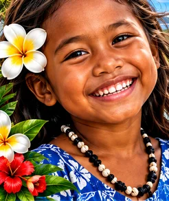 Smiling child from Nauru with island scenery behind