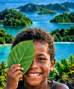 Smiling child from Solomon Islands with island scenery behind