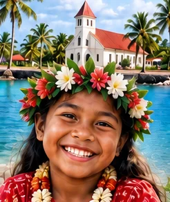 Smiling child from Tonga with island scenery behind