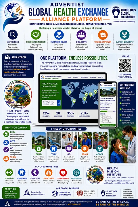 Global Health Exchange Alliance Platform infographic showing the platform on a laptop and phone with types of opportunities