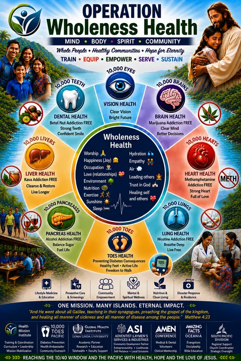 Operation Wholeness Health infographic: a wheel of eight health areas around a center of wholeness habits