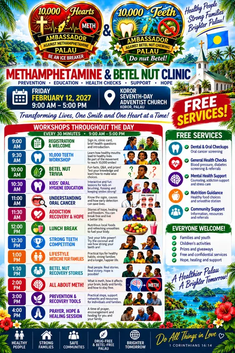 Poster for the Methamphetamine and Betel Nut Clinic in Koror, Palau on 12 February 2027
