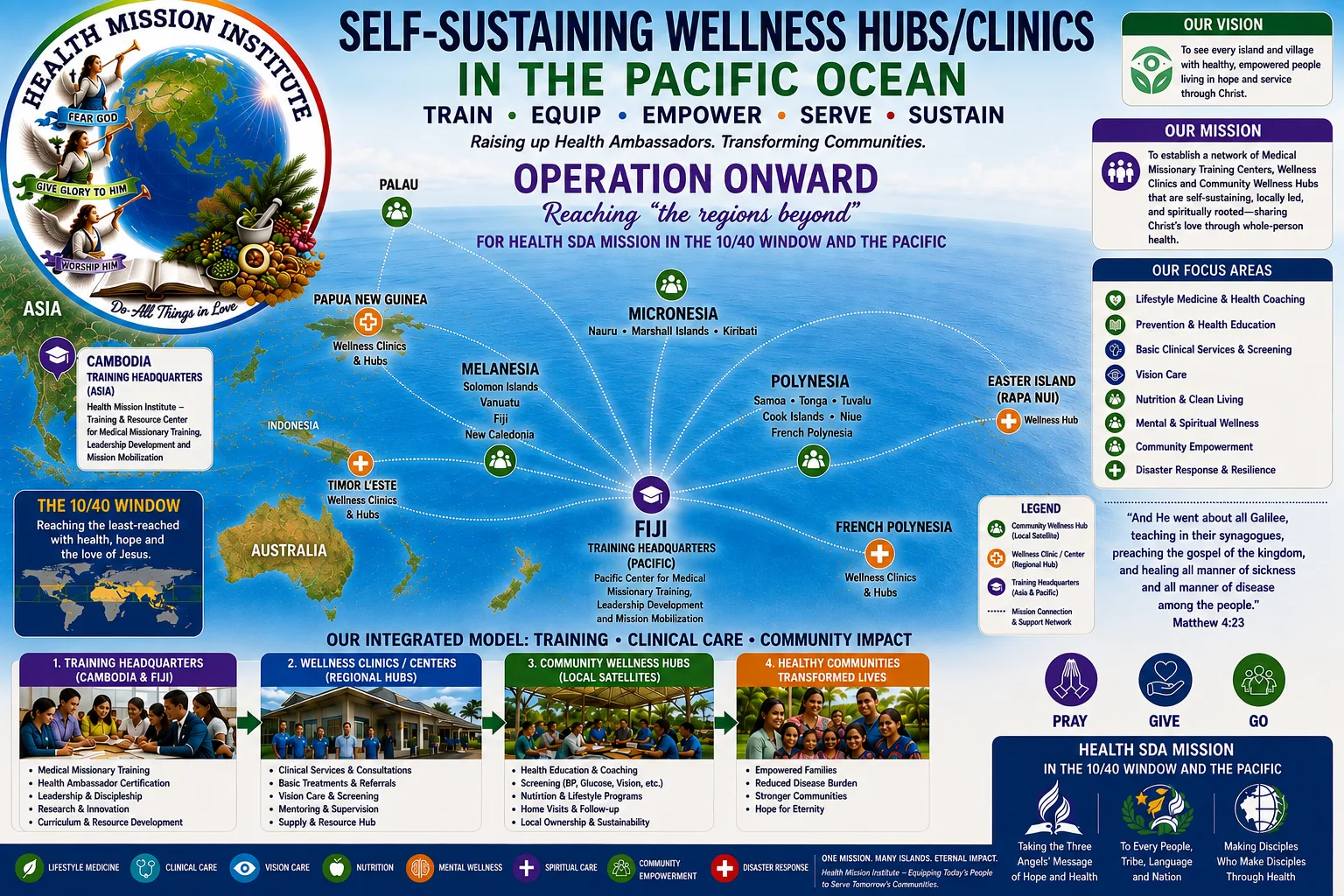 Map of the Pacific Ocean showing HMI training headquarters in Fiji and Cambodia and wellness hubs across Melanesia, Micronesia and Polynesia
